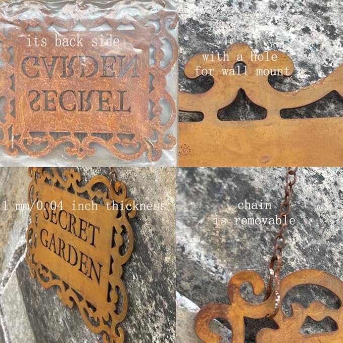 Rustic Iron “Secret Garden” Hanging Sign, Natural Rust Patina Metal Plaque with Ornate Cutout Scrollwork and Chain, Garden Gate & Wall Decor, 7.9 × 5.9 Inches