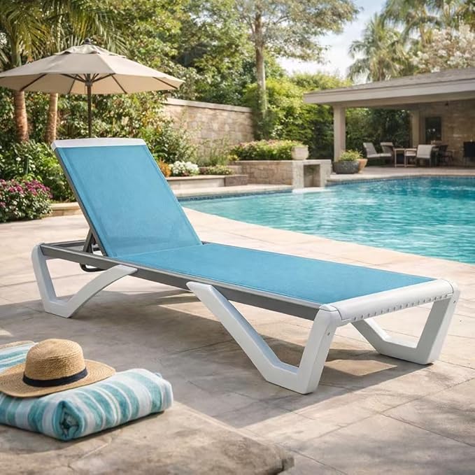 Kozyard Outdoor Chaise Lounge Chair, Full Flat Adjustable Patio Lounger with Aluminum Frame & Resin Legs, Textilene Fabric for Poolside, Backyard & Beach (Aqua/WhiteFrame, Chair)