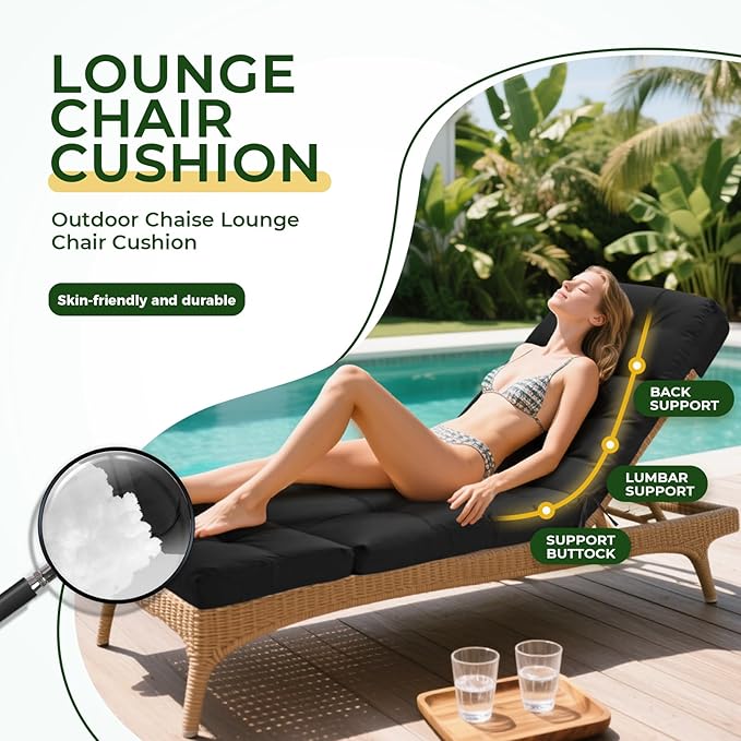 Outdoor Chaise Lounge Chair Cushion 74.4 x 22 x 4.7 Inches Non-Slip Lounge Chair Cushions for Outdoor Furniture with Ties, Patio Recliner Thickened Lounge Cushions for Indoor, Black
