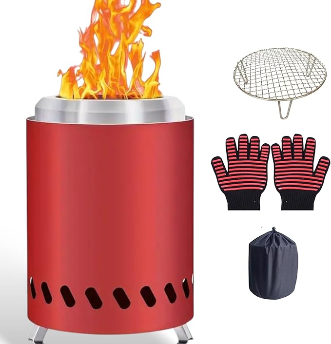 Red Tabletop Fire Pit - Portable Outdoor Camping Stove with Heavy-Duty Grill Grate & True Heat-Resistant Gloves, Low Smoke for Patio & Camping
