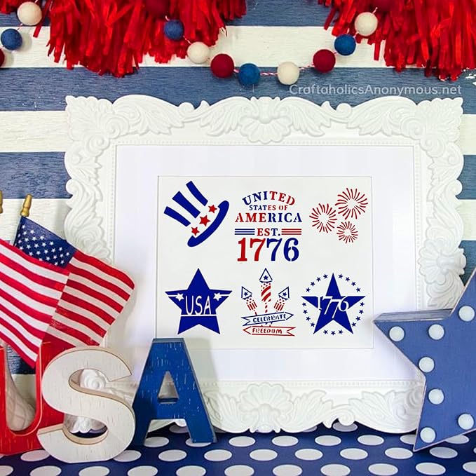 Patriotic Stencils, 24 PCS Reusable 4th of July Stencils Independence Day Templates for Painting American Flag Scrapbooking Wall Floor Home Decor DIY Rock Painting Art Projects 3 x 3 Inch