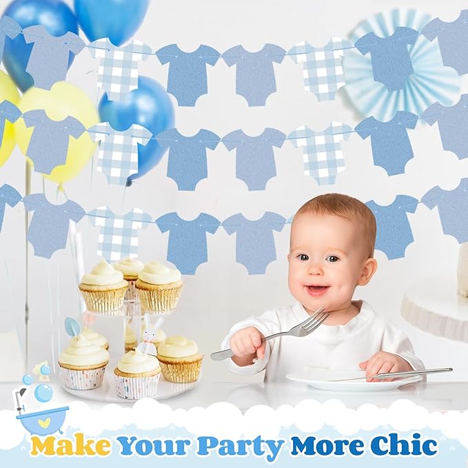 Blue Bodysuit Decoration Banner, Blue Gingham Party Decorations, Baby Shower Party Supplies Birthday Banner Decor for Boys Girls Baby Shower Decorations