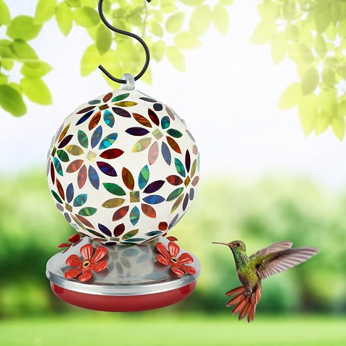 Backyard Expressions Glass Hummingbird Feeder - Multicolor - Hummingbird Feeders for Outdoors Hanging, Hand Blown Glass Hummingbird Feeder