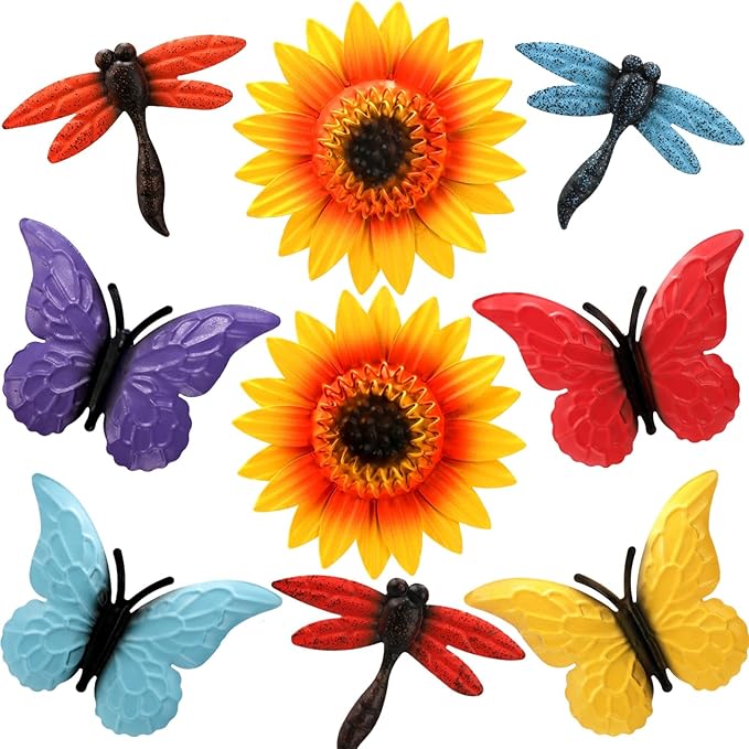 9 Pack Metal Sunflowers Wall Decor, Garden Flower Wall Art Decorations, Outdoor Butterfly Dragonfly Hanging Patio Decor, Yard Floral Fence Sculptures for Indoor Outside Living Room Bedroom