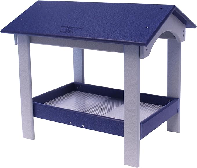 AmishToyBox.com Ground Bird Feeder, Deluxe Fly-Through Covered Feeder for Birds and Squirrels with Screen Mesh Tray (Patriot Blue/Light Gray)