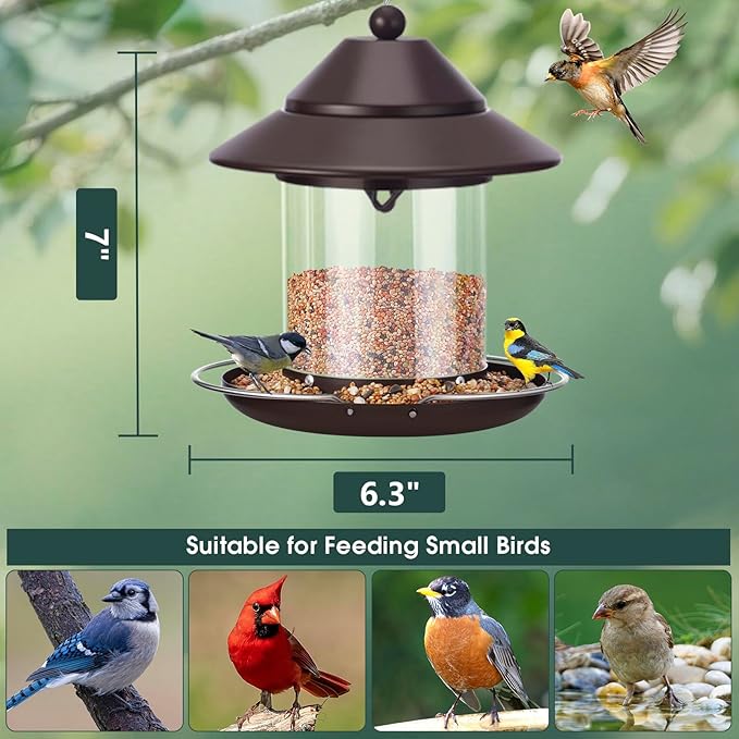 Bird Feeders for Outdoors, Hanging Small Metal Roof Bird Feeder with 2LB Clear Tube Seed Capacity for Viewing Cardinal Finch, Wild Birdfeeders for Outside Garden Yard Decoration