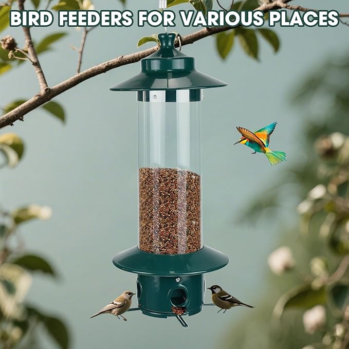 Hanging Bird Feeder for Outdoors, Squirrel Proof Bird Feeders for Outside with 4.8 Lb Capacity, 4 Ports Tube Metal Wild Bird Feeders for Garden Yard Decoration Viewing Cardinal, Weather-Resistant