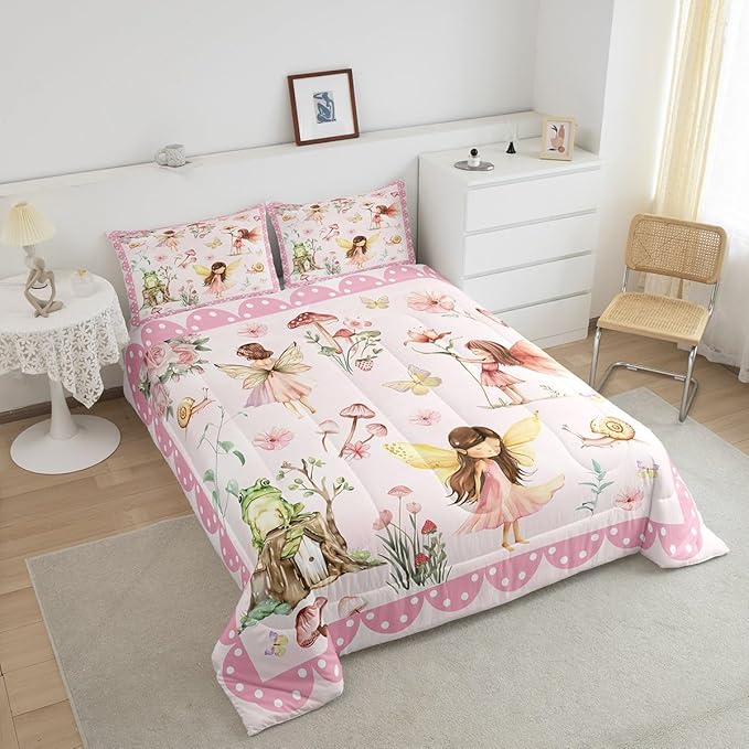 Erosebridal Dreamy Fairy Queen Bedding Set,Pink Floral Garden Comforter Set for Girls Kids,Mushroom and Frog Comforter,Kawaii Flower Butterfly Bedroom Room Decor,2 Pillowcases Lightweight