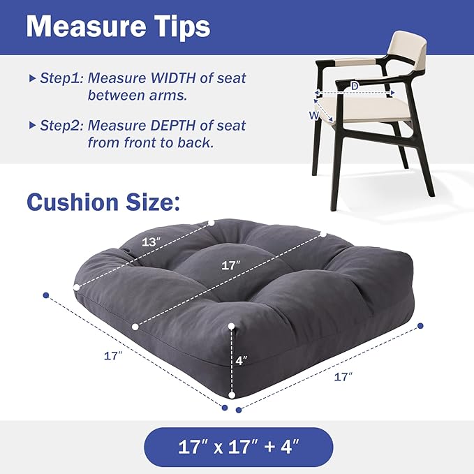 Outdoor Chair Cushions Set of 2, Patio Chair Cushions with Ties, 17x17+4” Tufted Outdoor Seat Cushions, Waterproof Patio Furniture Cushions, Outdoor Dining Chair Pads, Dark Grey (Pack of 2)