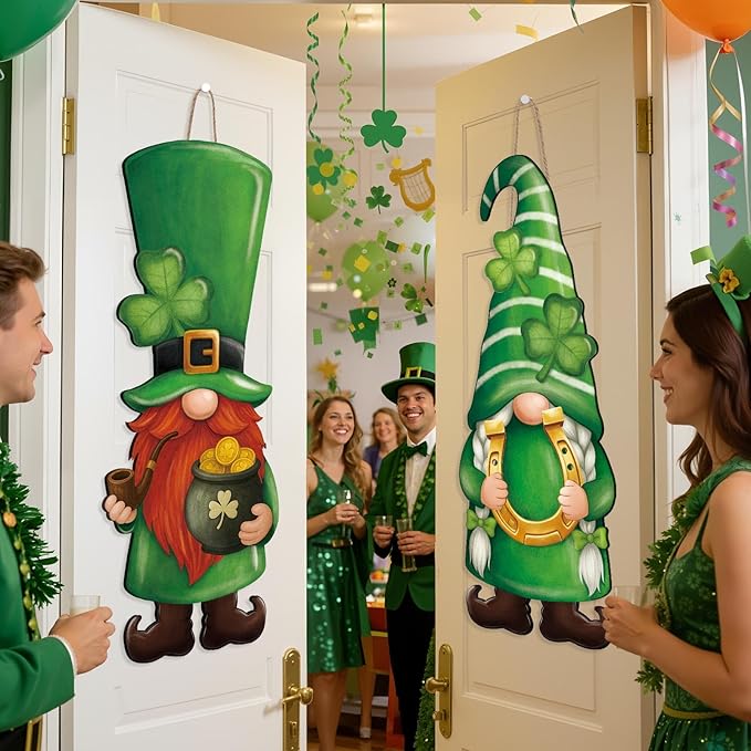 Thyle 2 Pcs Wooden St. Patrick's Day Gnomes Sign 32.3 x 12.2 Inch Irish Hanging Gnomes Front Door Decor Shamrock Lucky Green Hanger for Outdoor Indoor Front Porch Home Wall Supplies