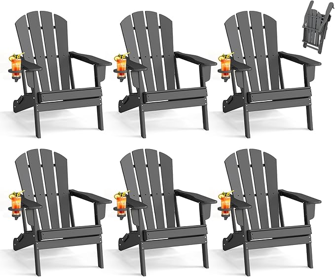 BRIOPAWS Folding-Adirondack-Chairs Set of 6 | HDPE Plastic | Fire Pit Chair | Cup Holder | Curved Back | All Weather | for Outdoor Backyard Deck Patio | Grey