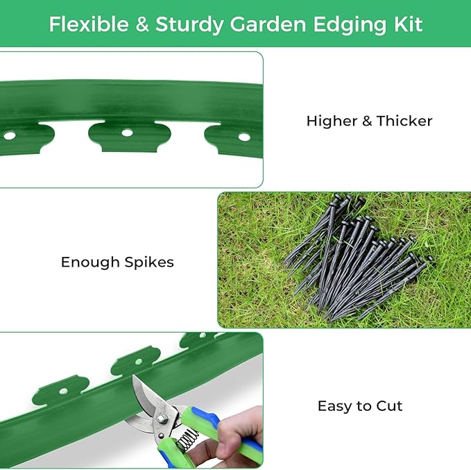 2-Inch x 200 FT Landscape Edging Border with 300 Stakes, Plastic Garden Edging Border Kit, Flexible No Dig Lawn Edging Border for Garden Flower Beds Yard Pathway Paver (Green)