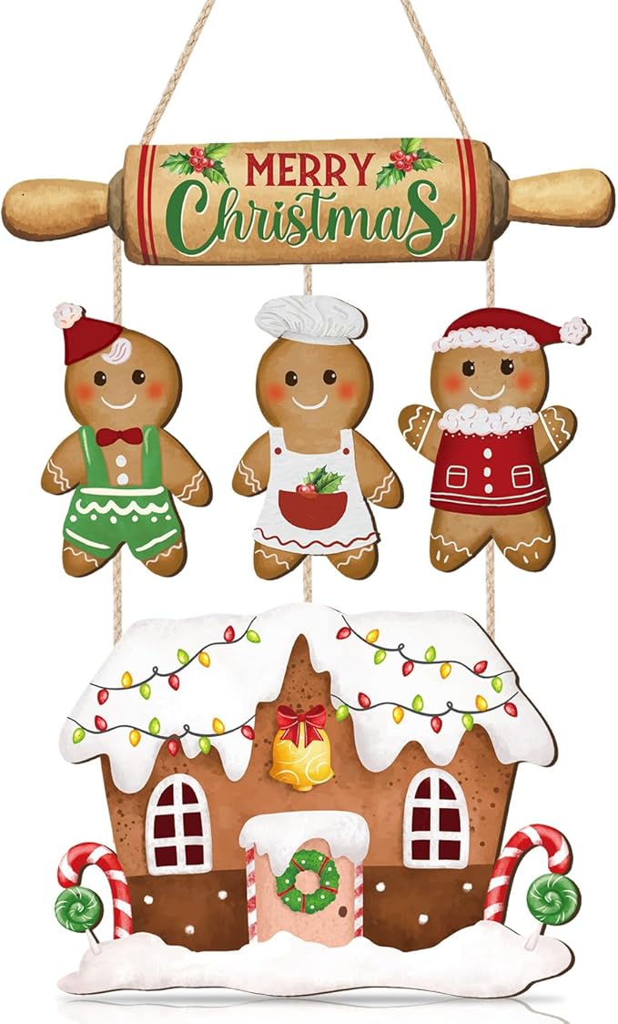 CHDITB Merry Christmas Wood Sign, Gingerbread House Front Door Sign, Festive Hanging Signs, Christmas Wall Hanging Plaque, Xmas Wall Decor for Outdoor Porch Yard Home Decor