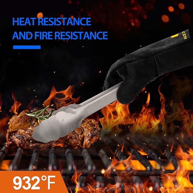 H HZXVOGEN Welding Gloves Fireplace Gloves Fire Heat Resistant 932℉ Fireproof Leather Mitts for Stove BBQ Grill Oven MIG TIG