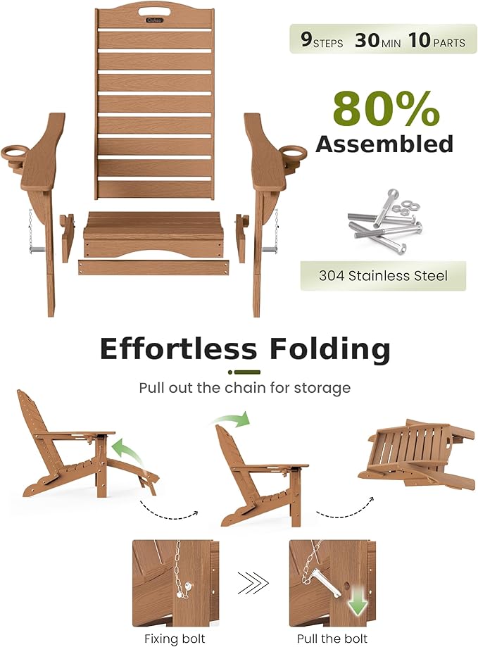 Ciokea Folding Adirondack Chair Set of 2 with Retractable Ottoman Fire Pit Patio Chair with Pull Out Foot Rest Weather Resistant Lawn Outdoor Chair with 2 Cup Holder (Teak)