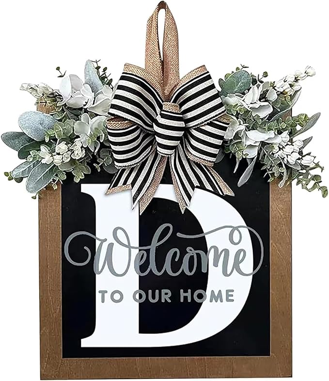 Last Name Front Porch Decor, Welcome Sign Door Wreath, Outdoor Decorations, 26 Letter Hanging Wreath, Spring Monogram for All Seasons (D)