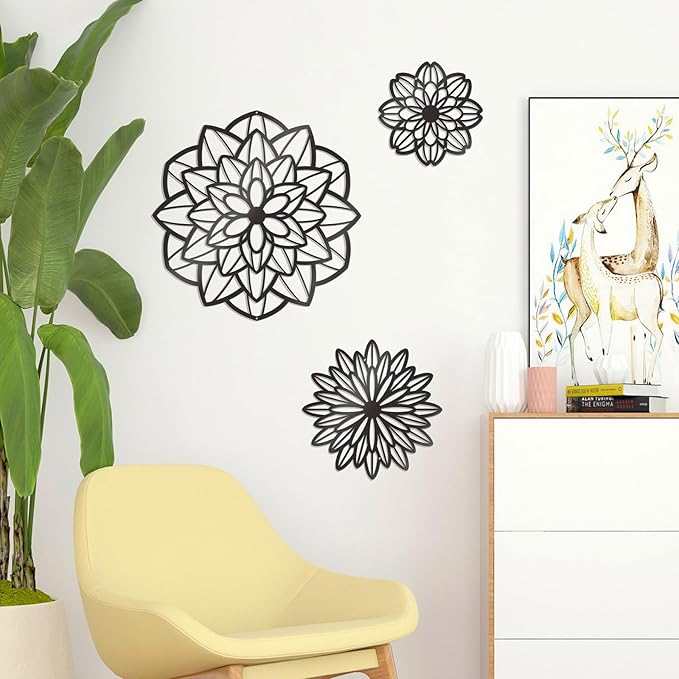 Zzbakress 3 Pcs Metal Flowers Wall Decor Black Wall Decor Metal Flower Art Farmhouse Wall Art Multiple Flowers Hanging Decor for Bathroom Living Room Kitchen Garden Office (Black Modern)