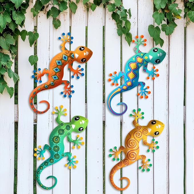 4 Pcs Metal Gecko Outdoor Decorations - Metal Wall Art Hanging Sculpture Decoration for Garden Yard Fence Porch Wall Decor, Gift for Mom Dad Friends