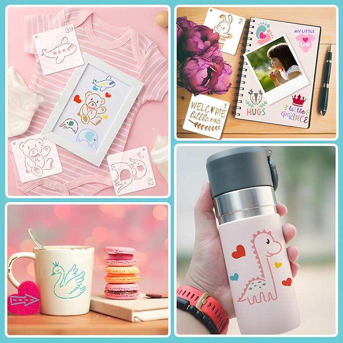 Baby Shower Stencils for Painting, 64PCS 3x3 Inch Plastic Stencils for Crafts Reusable, with Animals, Stars, Moons & Baby Designs, for Nursery Decor, Baby Shower Gifts & Kids Room