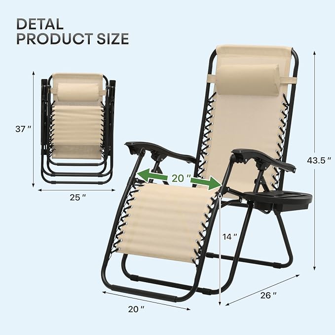 Athena Collection Zero Gravity Chair, Folding Lounge Chair, Reclining Camping Chair, Outdoor Zero Gravity Recliner with Adjustable Pillow and Cup Holder for Outside Beach Garden Patio Poolside -Cream