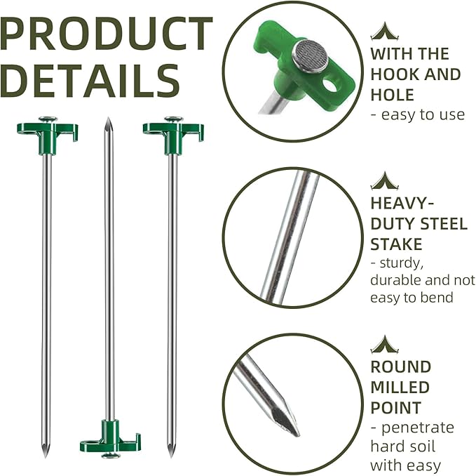 25 Pack Tent Stakes Heavy Duty 10 Inch Camping Stake Yard Stakes Metal Tent Pegs for Ground Stake Spikes for Camping Garden Yard (Green)