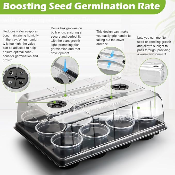 5 Pack 12 Cell Nursery Pot Trays with Adjustable Humidity Domes & 4 Inch Clear Pots 60 Pack, Sturdy Seed Starting Kit for Greenhouse Garden, Reusable Plant Growing Germination 5 Sets