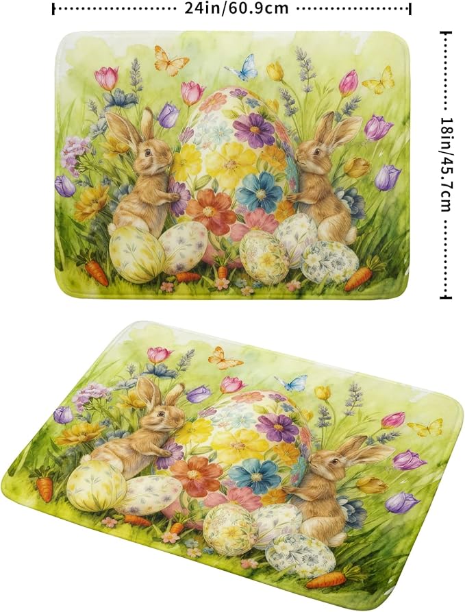 Easter Bunny Dish Drying Mat 18x24 Inch Eggs Floral Green Drying Pad for Kitchen Counter Washable