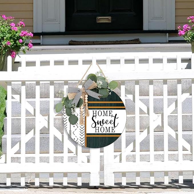 CHDITB Boho 3D Home Sweet Home Front Door Wreath Sign(12"x12"), Farmhouse Porch Decor Sign with Green Leaves Plaid Bow Bead, Rustic All Year Seasons Hanger Decoration Hanging for Office Home