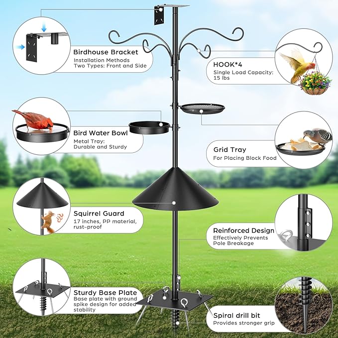 2026 Upgraded Heavy Duty Bird Feeder Pole,92 Inch Squirrel Proof Adjustable Bird Feeding Station,4 Shepherd Hooks for Feeder Stand, Includes Water Bowl and Mesh Tray,for Outdoor Garden & Yard