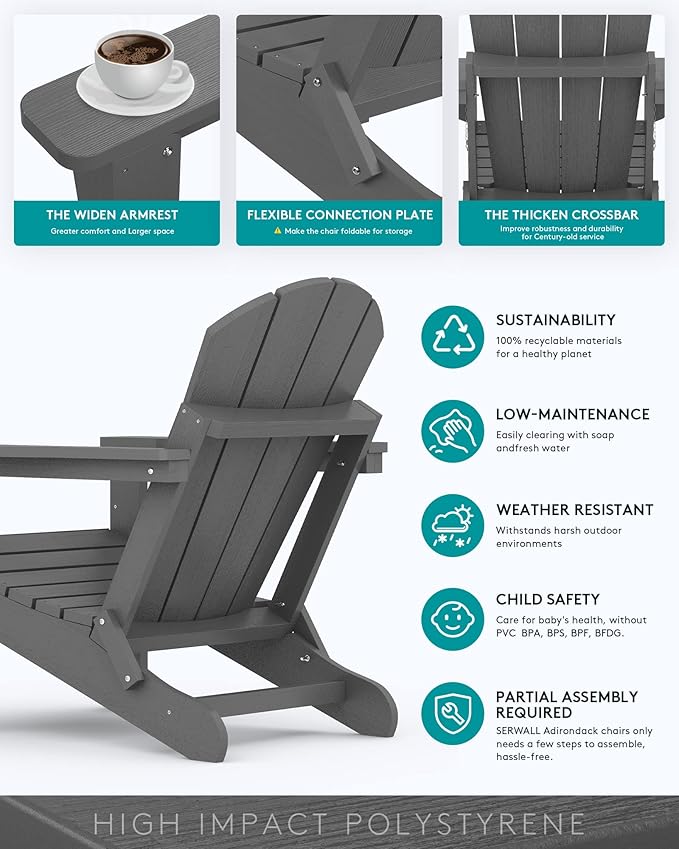 SERWALL Foldable Adirondack Chair Set of 4 for Patio Garden Outdoors Fire Pit-Gray