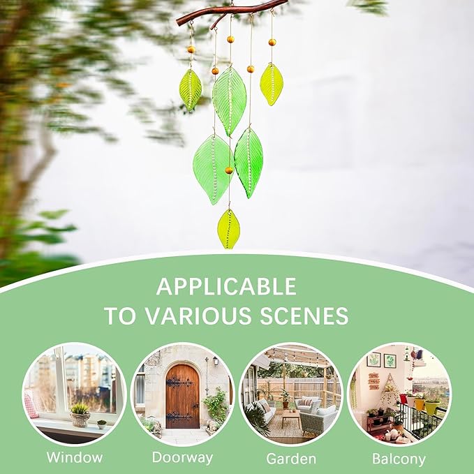 Glass Wind Chimes for Outside,Unique Handmade Windchimes Outdoors with Stained Glass Leaves for Home Window Garden Yard Patio Decor,Green 20"
