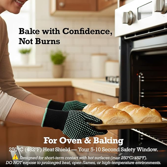 Heat Resistant Gloves for Kitchen & Home Use - 482°F, 2 PCS Combed Cotton & Double-Side Silicone Dots, Elastic Cuff, Anti-Slip for Grilling, Oven, Air Fryer - Universal Fit, Green