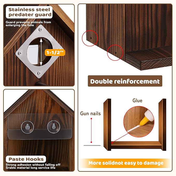 Window Bird Houses for Outside with Stainless Steel Guard, Birdhouse Cover Panel and Adhesive Hooks, Clear for Viewing Inside, Hanging Wooden Birdhouses for Outdoors, for Bluebird Finch Chickadee