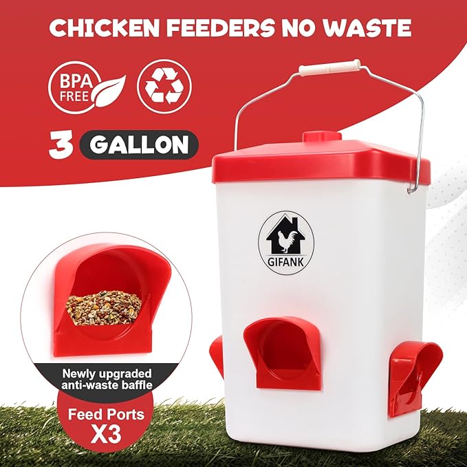 Automatic Chicken Feeder and Waterer Set Hanging Chicken Waterer 3 Gallon Poultry Water Feeder with Nipples and Feeding Ports No Waste,Chicken Coop Accessories
