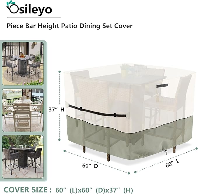 Square Patio Furniture Cover for 5-Piece Bar Height Patio Dining Set Covers,100% Waterproof Outdoor 60 Inch Square High Wicker Bar Table and Chairs Cover, Beige