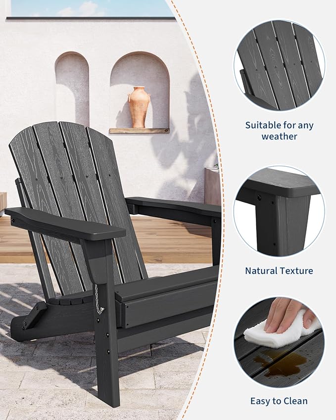 GarveeLife Folding Adirondack Chairs Set of 6, HDPE Plastic Outdoor Chairs with Wood Texture - 380 LBS & Weather Resistant for Fire Pit, Deck, Patio, Pool, Backyard - Black