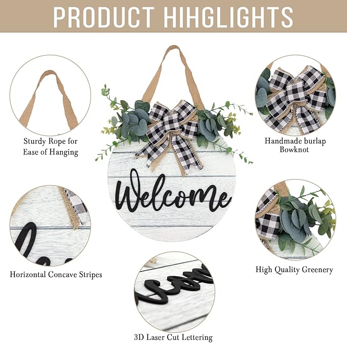 3D Welcome Wreaths for Front Door | White Horizontal Concave Stripes Wooden Farmhouse Welcome Sign for Home Wall Decor