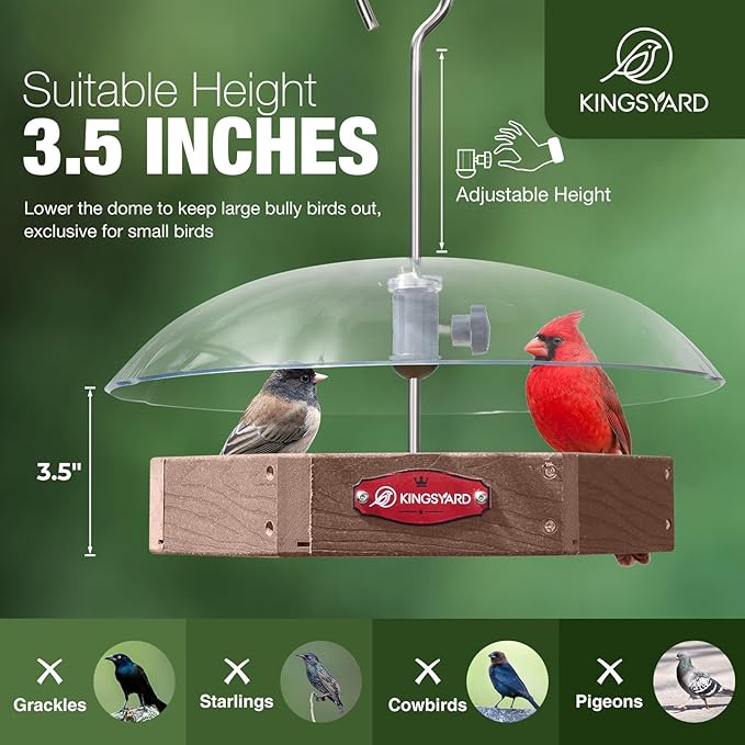 Kingsyard Large Platform Bird Feeder Outdoor Hanging, Adjustable Dome Squirrel Proof Rain Cover, Metal Mesh Tray Recycled Plastic Wild Bird Seed Feeding Station, Brown
