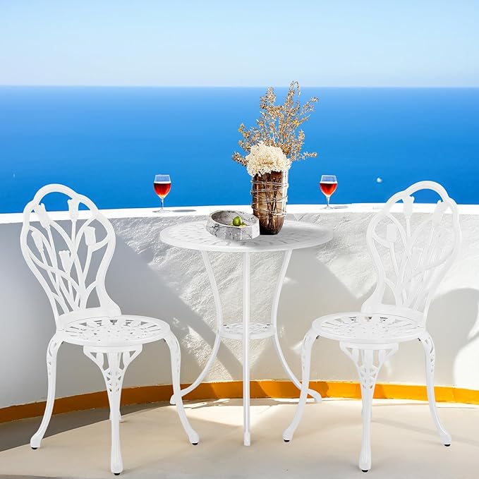 VINGLI 3 PCS Outdoor Bistro Set, Outdoor Patio Set, All-Weather Cast Aluminum Bistro Table Set, Bistro Table and Chairs Set of 2 for Backyard, Garden, Balcony (White, Tulip)