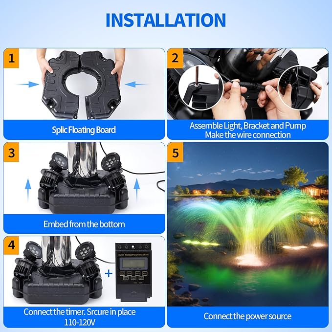1HP Pond Fountain Aerator for Large Pond & Lake, 15000 GPH Pond Fountain with 4 RGB Lights, 110V/750W Stainless Steel Floating Aerating Fountain with Timer, 100 ft Power Cord & 200 ft Nylon Rope