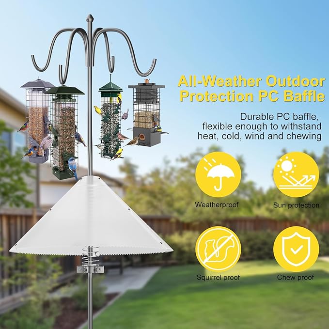 Squirrel Baffle for Bird Feeder Pole – Upgrade Spring-Motion for Effective Squirrels Defense, PC Squirrel Guard Stopper for Outdoor Shepherd's Hook, 19 Inch, Metal Buckle