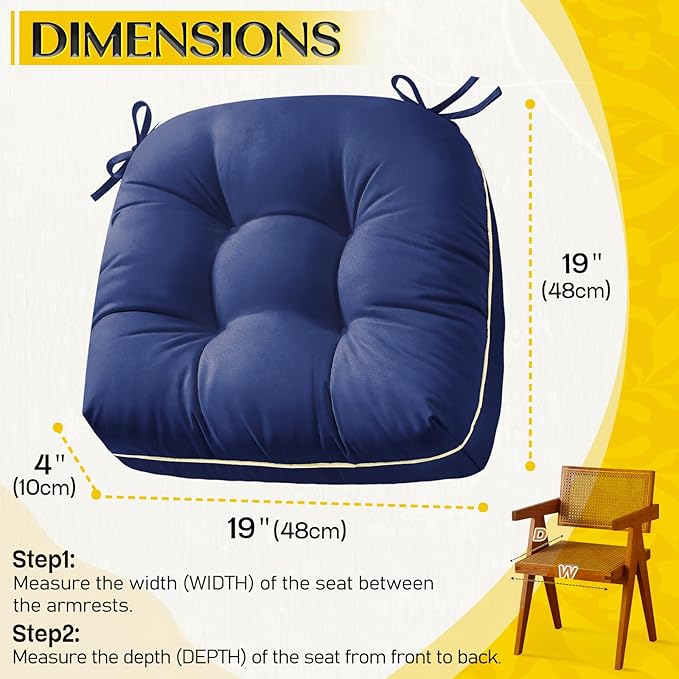 Outdoor Chair Cushions Set of 2, Outdoor Cushions for Patio Furniture and Wicker Chair, Memory Foam Patio Seat Cushion Pads with Ties, 19 x 19 Inch (Blue)