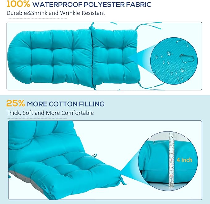 Adirondack Chair Cushions Set of 2, Thick High Back Rocking Chair Cushion 47x19.6x4 Inch, Folding Patio Pads with Ties, Waterproof & Fade-Resistant Seat Pads Indoor/Outdoor (Blue, 2)