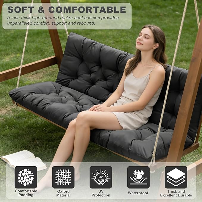 Porch Swing Cushions,Outdoor Cushions 3 Seater Replacement with Backrest, Waterproof Thickened Bench Cushion with Ties for Porch, Patio,Outdoor, Backyard and Garden (Black 47 * 40 in)