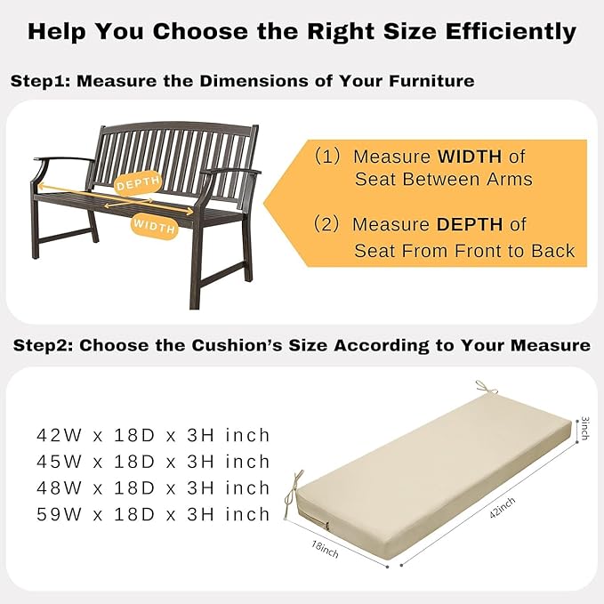 idee-home Outdoor Bench Cushion Waterproof, Bench Cushions for Outdoor Furniture, Patio Porch Swing Replacement Seat Pad with Ties for Garden Backyard, 42 x 18 Inch Beige