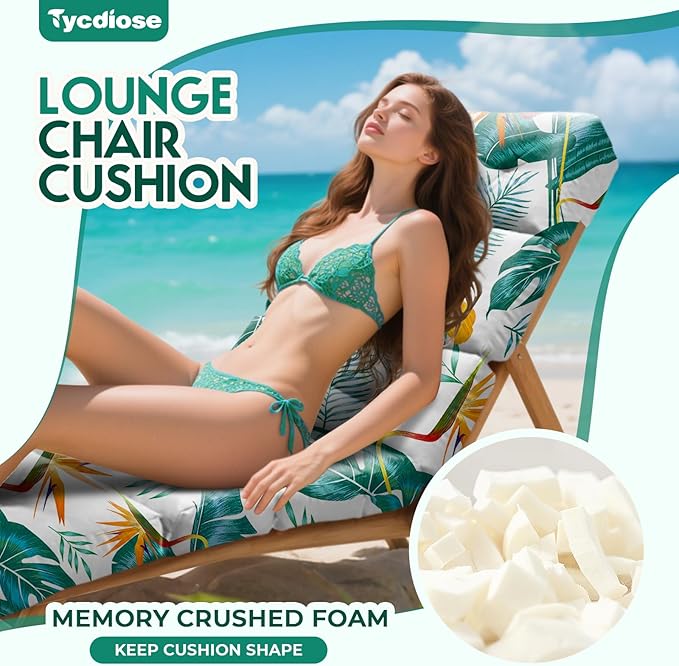 All Weather Chaise Lounge Cushions Outdoor Lounge Chair Cushion, Memory Foam Chaise Lounger Chair Cushion Waterproof for Outdoor Patio Furniture with Non-Slip Back and Ties, Yellow-Green Leaf