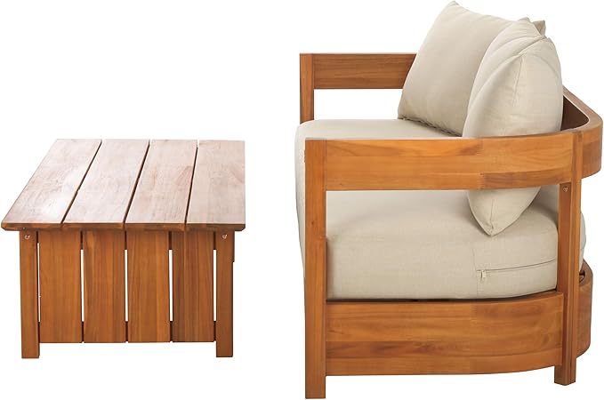 SAFAVIEH Outdoor Patio Furniture Collection - Kento Natural Wood 3-Seater Sofa with Taupe Cushions, Wide & Comfortable Deep Seating, Modern Design (PAT7098A)