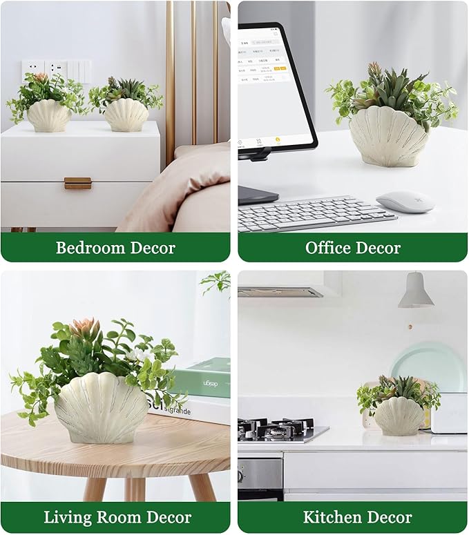 Lewondr Fake Plants Set of 2, Assorted Faux Succulents Artificial Plants with Sea Shell Pots, Artificial Greenery in Coastal Beach Decor, Ocean Seashell Series for Home Bedroom Beach Theme Party