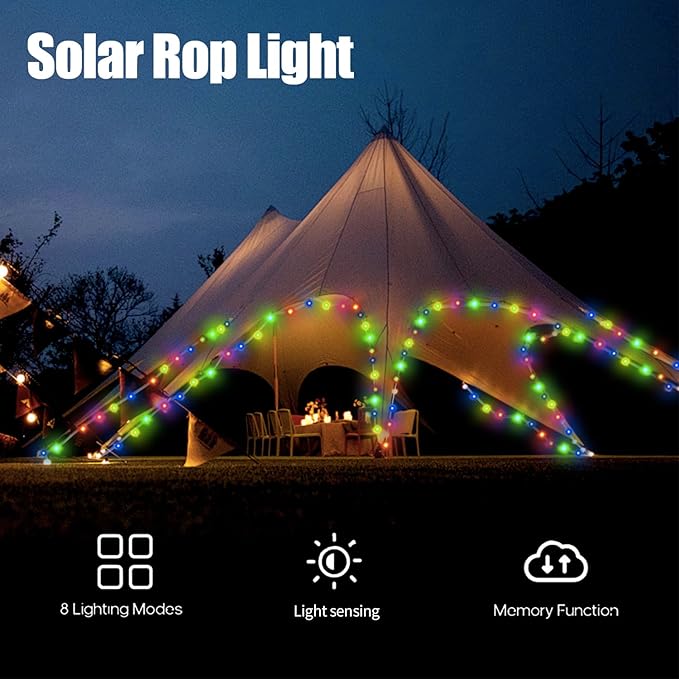 (Multicolor Fairy Light Solar Outdoor 33Ft 100 LED Rope Lights for Outside 8 Modes Solar Rope Lights Outdoor Waterproof for Patio Fence Party Garden Yard Home Holiday Tree Decoration.