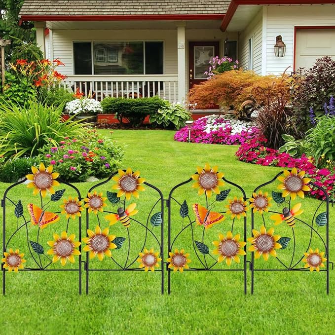 hogardeck Garden Decor for Outside, Set of 2 Metal Fence Decorative Garden Stakes with Flowers for Sunflower Decor, Yard Signs for Outdoor Patio Lawn Backyard Porch